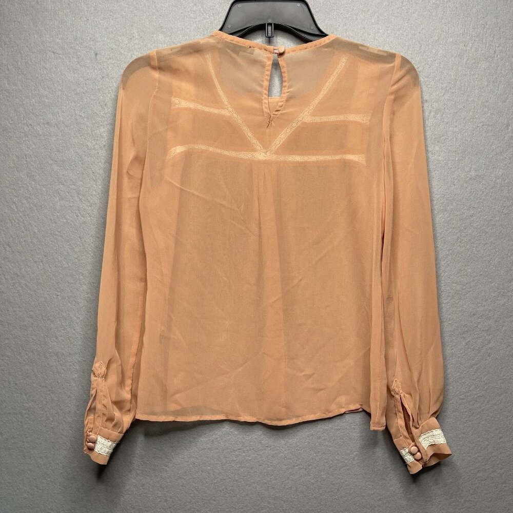 Lucca Couture XS Sheer Peach Long Sleeve Blouse White Lace Trim Keyhole Back - Picture 3 of 5